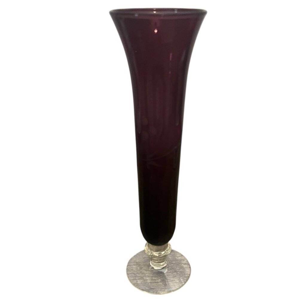 Vintage Handblown 8 in Ruby Red Bud Vase With Floral Motif Etching